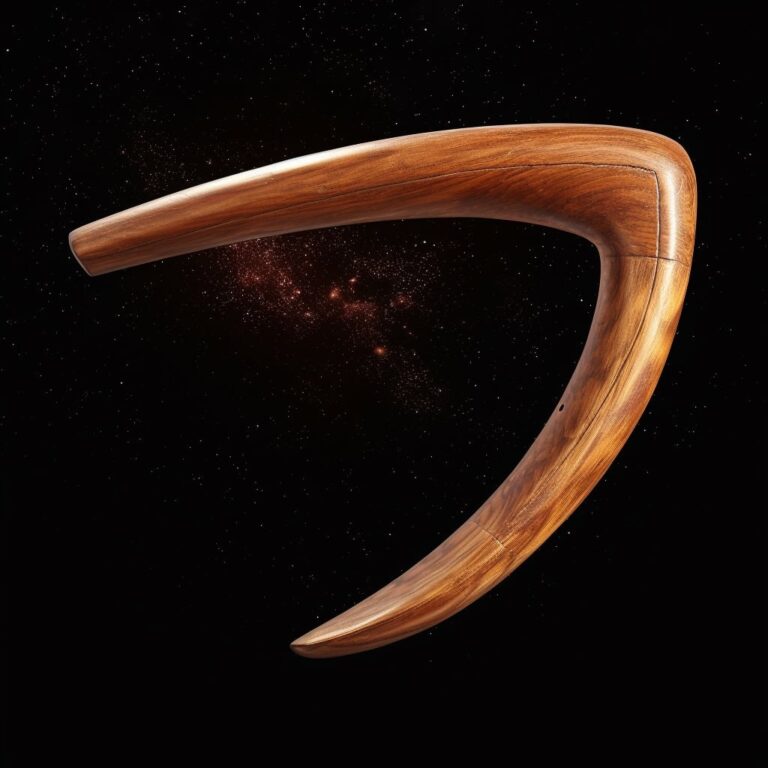Polished wooden boomerang floating against a black, star-filled background, shown at an angle that highlights its curved, aerodynamic shape. Fine wood grain and joint details are visible, emphasizing its handcrafted form.