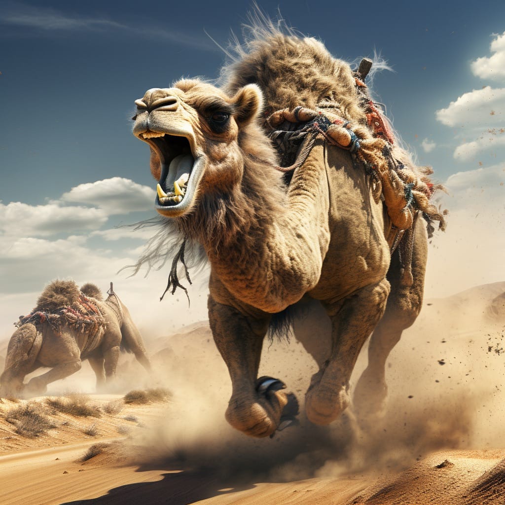 A camel lunges forward with its mouth wide open and teeth bared, kicking up sand in a desert while another saddled camel runs behind, both carrying worn ropes and packs.