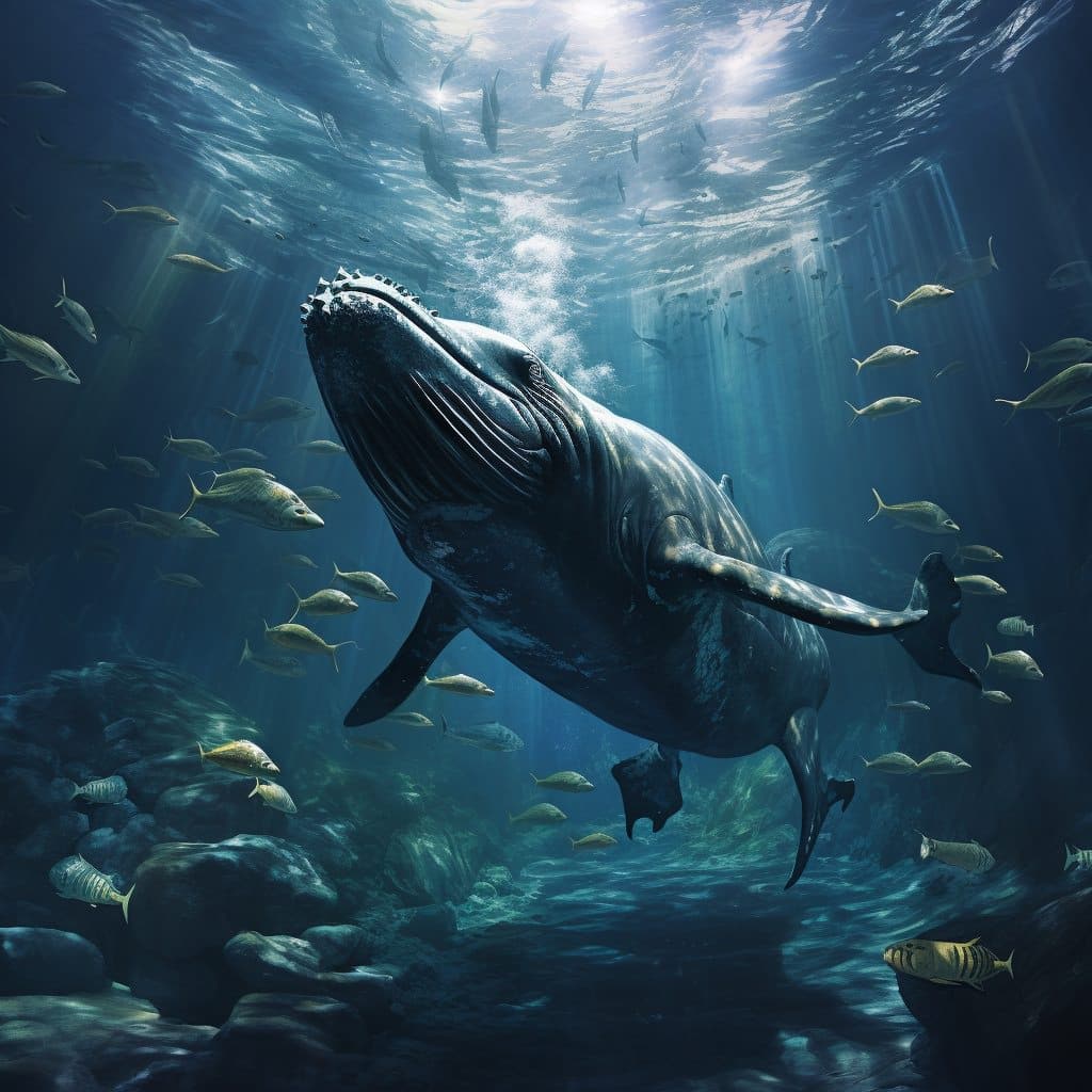A large whale swims through sunlit water surrounded by smaller fish, with a trail of bubbles rising toward the surface above a rocky seafloor.