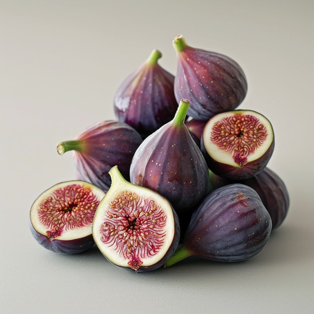 A small stack of ripe purple figs on a light background, with two figs halved to reveal their pinkish-red, seedy interior.