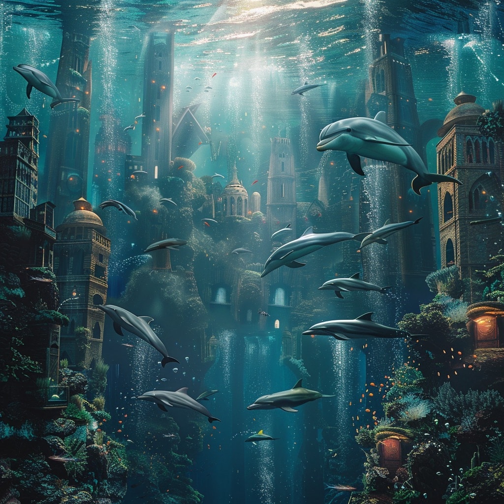 Dolphins swim in groups through a sunlit submerged city of cathedral-like towers and coral-covered ruins, surrounded by schools of fish and rising bubbles.