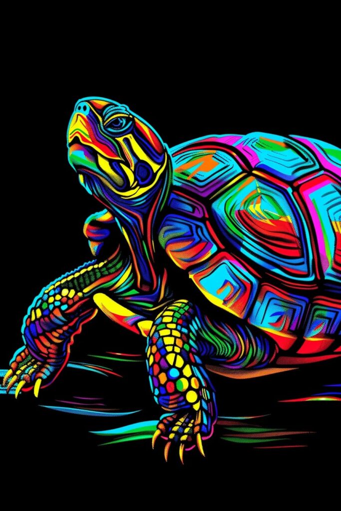 Vivid, psychedelic vector illustration of a turtle against a solid black background, its shell and scaly legs rendered in bright rainbow patterns and bold outlines. The stylized artwork emphasizes the turtle’s head, claws, and textured shell as eye-catching cover art for a post about turtle lifespan.