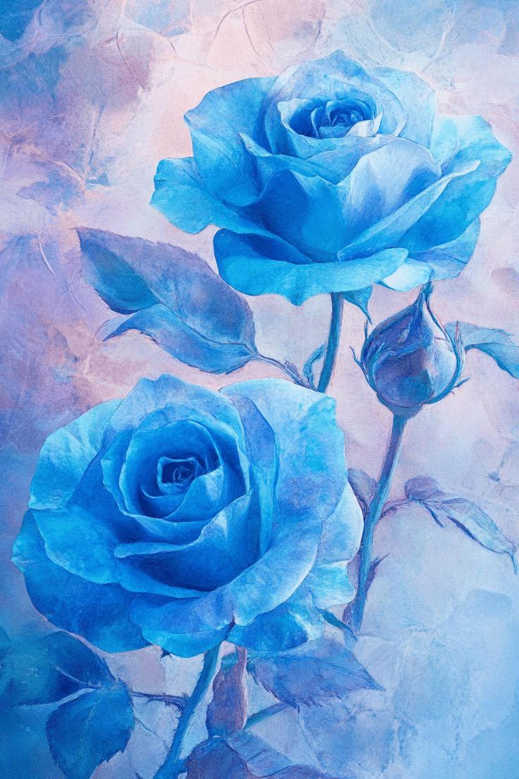 Two stylized, richly blue roses with a closed bud and leaves on slender stems set against a soft, textured pastel background.