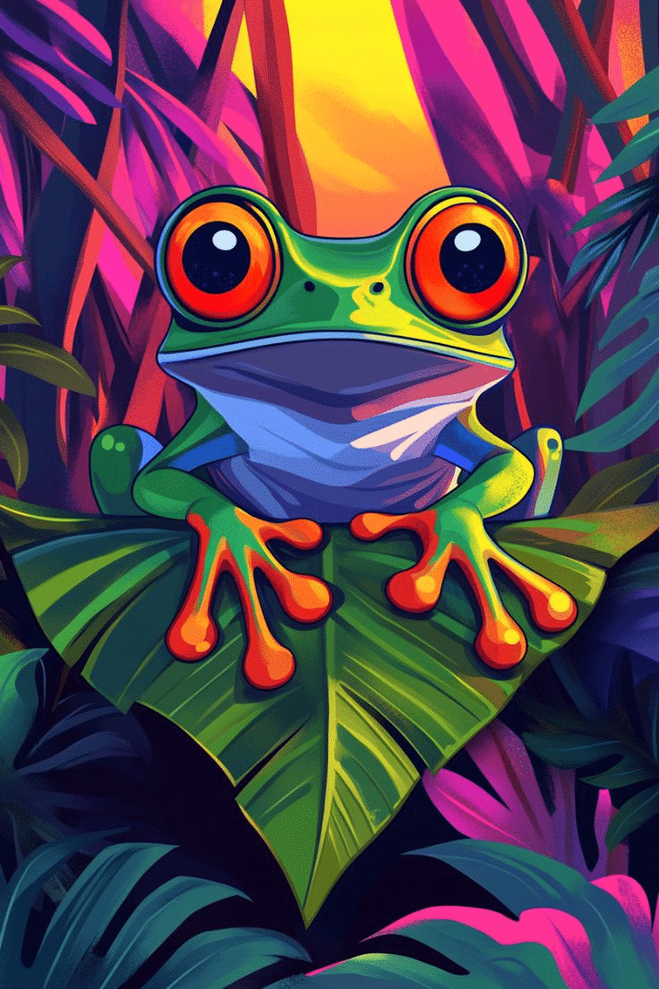 Vibrant, stylized red-eyed tree frog with oversized orange eyes and orange-tipped toes clutching a large tropical leaf, set against a neon-colored jungle and sunset background.