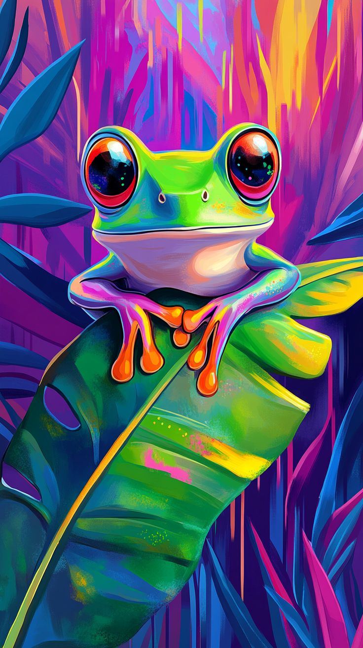 Vibrant digital illustration of a neon-green tree frog with oversized glossy red eyes and bright orange toes perched on a large tropical leaf against a neon purple and pink jungle background. Used as an eye-catching header illustration for a post about frog behavior and sociality.