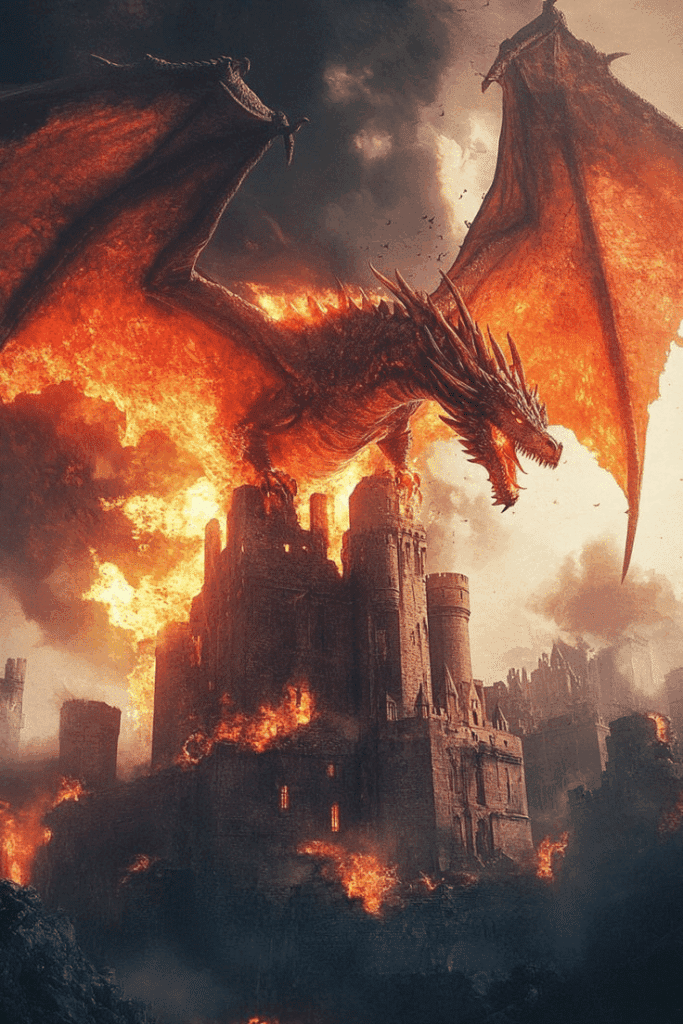 evil dragon attacks a castle, digital artwork