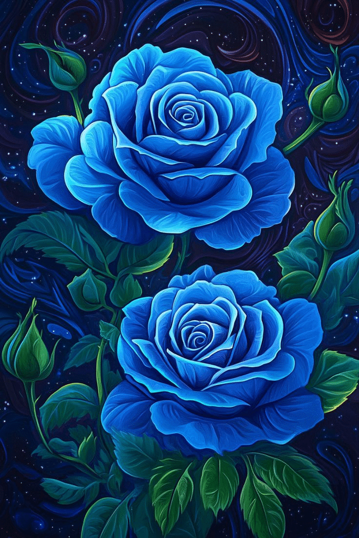 Two large, vividly blue roses with layered petals and surrounding buds and glossy green leaves. The stylized, painterly illustration places them against a dark, star-speckled, swirling background.