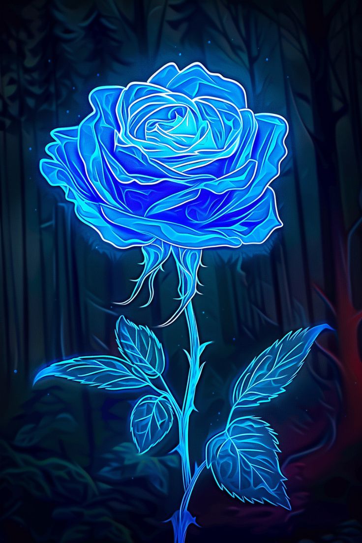 A luminous, stylized blue rose with neon outlines, detailed petals and leaves on a slender stem set against a dark, misty forest background. The artwork emphasizes the flower’s otherworldly glow and intricate vein patterns.
