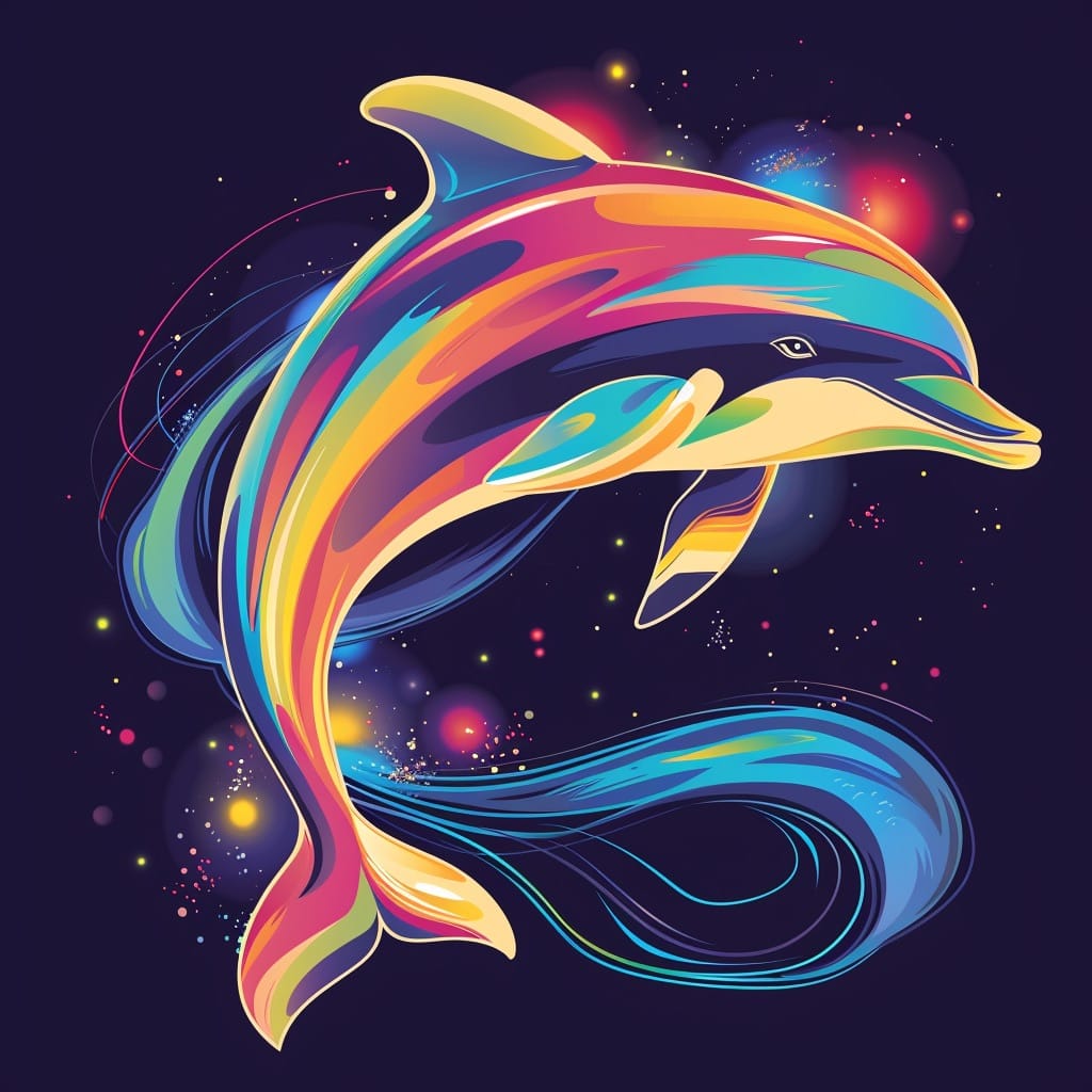 Vibrant stylized dolphin rendered in rainbow hues with flowing, ribbon-like fins and glowing, starry accents on a dark background, serving as a decorative header for a post about what dolphins eat.