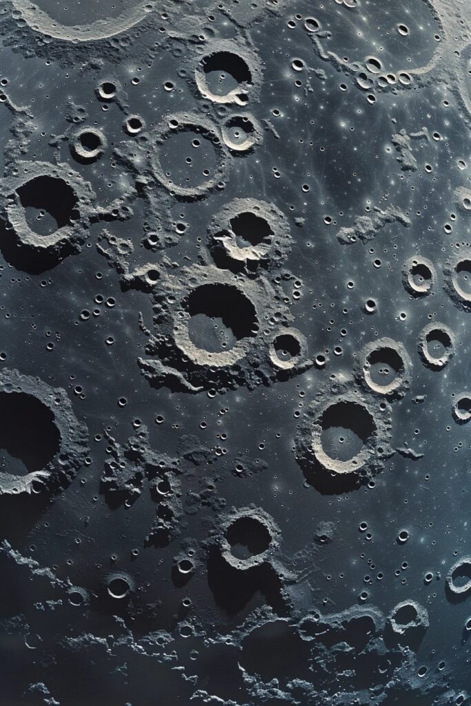 Heavily cratered lunar surface fills the frame, showing overlapping circular impact craters of various sizes with raised rims, central peaks, and deep shadows. Fine, pitted regolith and streaky ejecta patterns radiate across the dark plains, illustrating the Moon’s scarred landscape from meteor impacts.