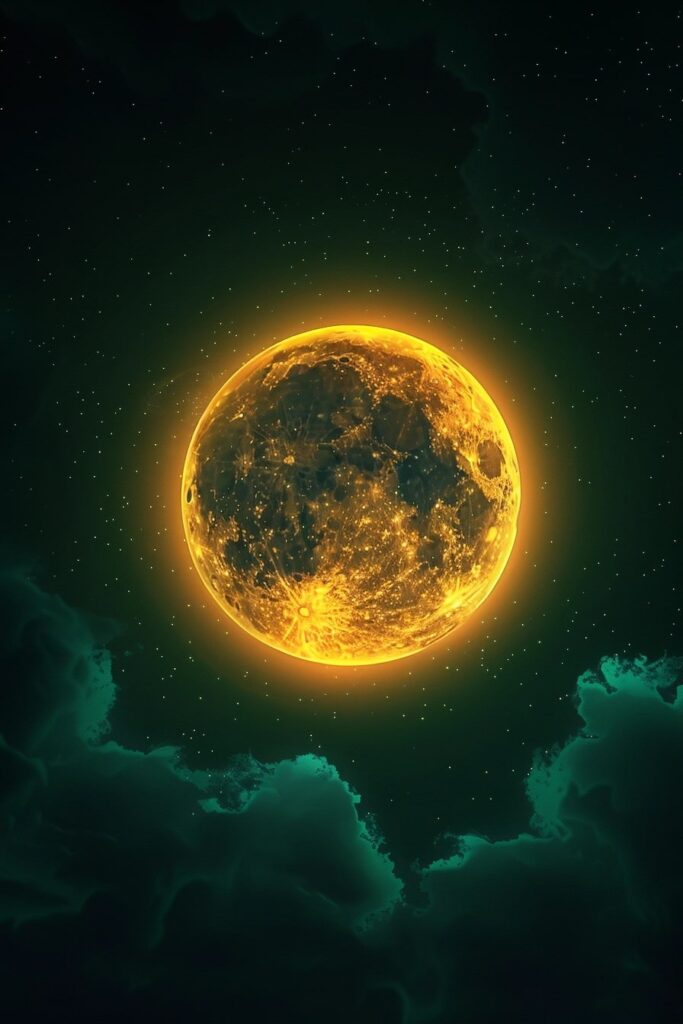 Glowing golden full moon with visible crater details and a bright halo hangs centered against a deep teal, star-speckled night sky, with dark, illuminated clouds along the bottom.
