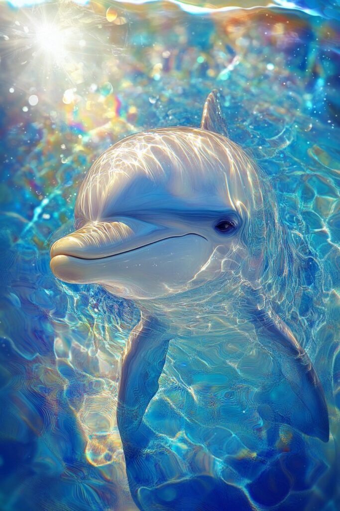 Curious dolphin rising near the water’s surface, sunlight scattering and shimmering across its smooth gray-blue skin and the clear blue ripples surrounding it.