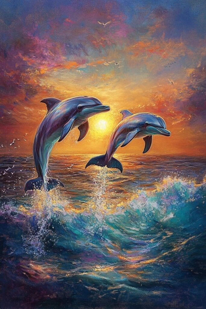Two dolphins leap above a shimmering ocean at sunset, their sleek bodies arcing as foamy waves splash beneath a warm, colorful sky.