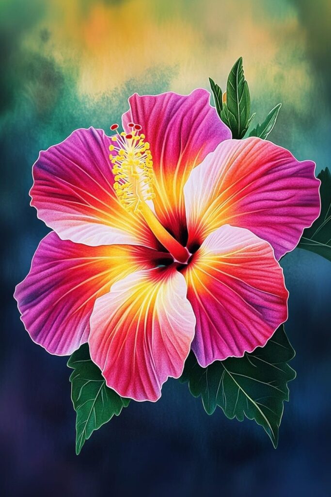 Vivid hibiscus flower with five large, ruffled petals blending magenta, pink and white into a radiant yellow-orange center; a prominent yellow stamen rises from the throat and finely veined petals catch the light. Deep green leaves cradle the bloom against a softly blurred teal and golden background.