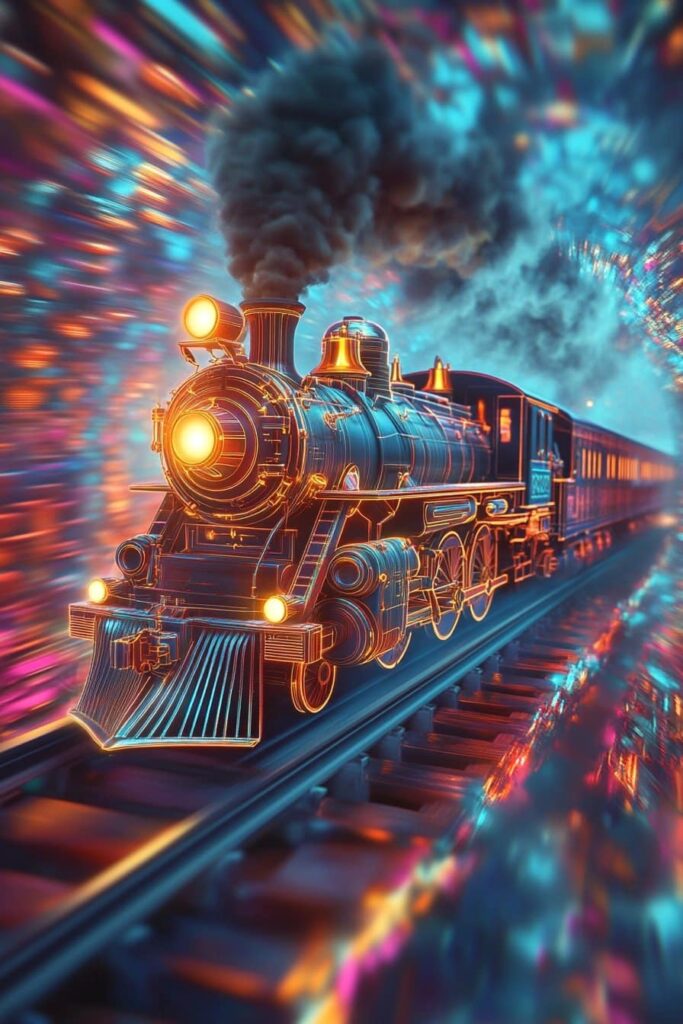 Vibrant, neon-lit vintage steam locomotive speeding along tracks through a kaleidoscopic, blurred tunnel, its glowing headlamp and billowing smoke emphasizing motion and mechanical power.