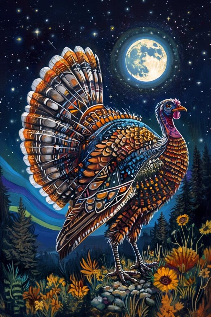 A vibrant, stylized turkey with intricately patterned, multicolored feathers stands on a rocky mound among sunflowers and wildflowers. A glowing full moon and starry sky hang over pine trees and distant mountains, giving the scene a dreamlike atmosphere.