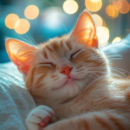 Ginger tabby cat with eyes closed, curled on a soft bed and appearing content and relaxed. Warm, out-of-focus string lights create a golden bokeh background, lending a cozy atmosphere.