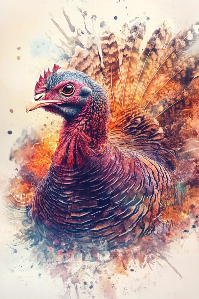 Vibrant watercolor-style portrait of a turkey with detailed iridescent feathers, a red wattle and sharp eye, its tail fanned against splattered paint and warm pastel washes.