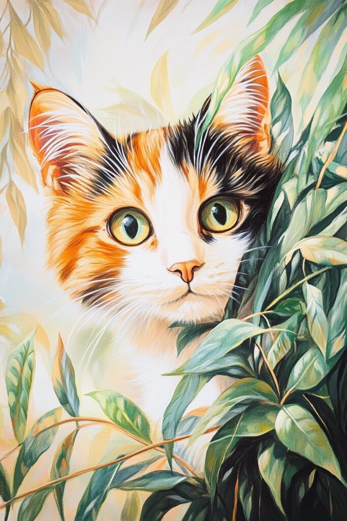 Calico cat peeking through leafy plants, its large green eyes and attentive expression framed by soft, warm brushstrokes and foliage.