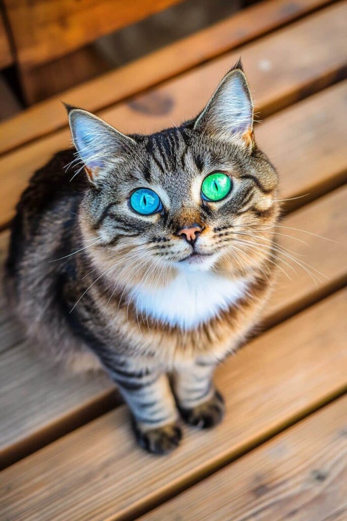 Brown tabby cat with a white chest sits on wooden decking looking up, displaying heterochromia with one bright blue eye and one vivid green eye.