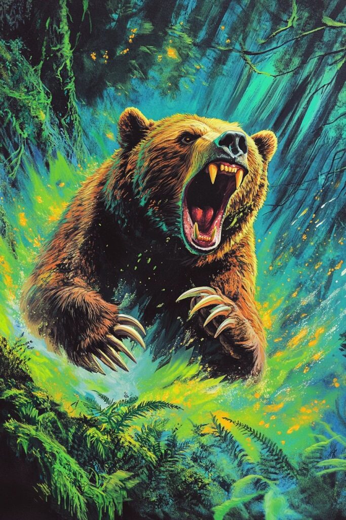 Roaring grizzly bear lunges forward with mouth open, displaying large teeth and long, curved claws. Vivid green and blue brushstrokes create an explosive forest backdrop that emphasizes motion and danger.