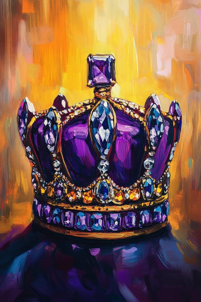 A richly painted purple crown encrusted with large blue and white gemstones and gold filigree, set against a warm golden-orange backdrop. The ornate, jewel-studded crown symbolizes royalty and luxury.