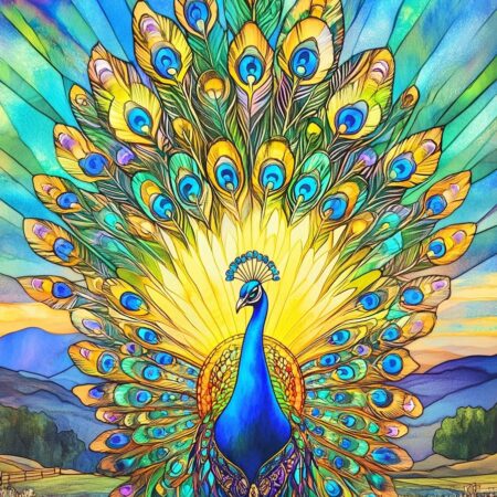 Vibrant, stylized peacock with an enormous fanned tail rendered in jewel-tone blues, greens, and golds that radiates like a stained-glass halo; sunlit rays and rolling hills form a serene background.