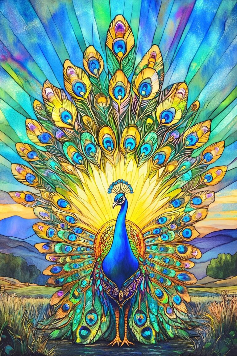 Vibrant, stylized peacock with an enormous fanned tail rendered in jewel-tone blues, greens, and golds that radiates like a stained-glass halo; sunlit rays and rolling hills form a serene background.