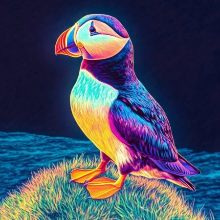 Vibrant neon illustration of a puffin standing on a grassy mound against a dark background. Rainbow-hued feathers and glowing accents create a mystical, spiritual atmosphere.