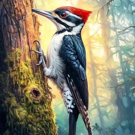 A vibrant woodpecker with a red crest and black-and-white patterned feathers clings to a mossy tree trunk with sharp claws, its long beak poised near a small hole as golden sunlight filters through a misty forest.