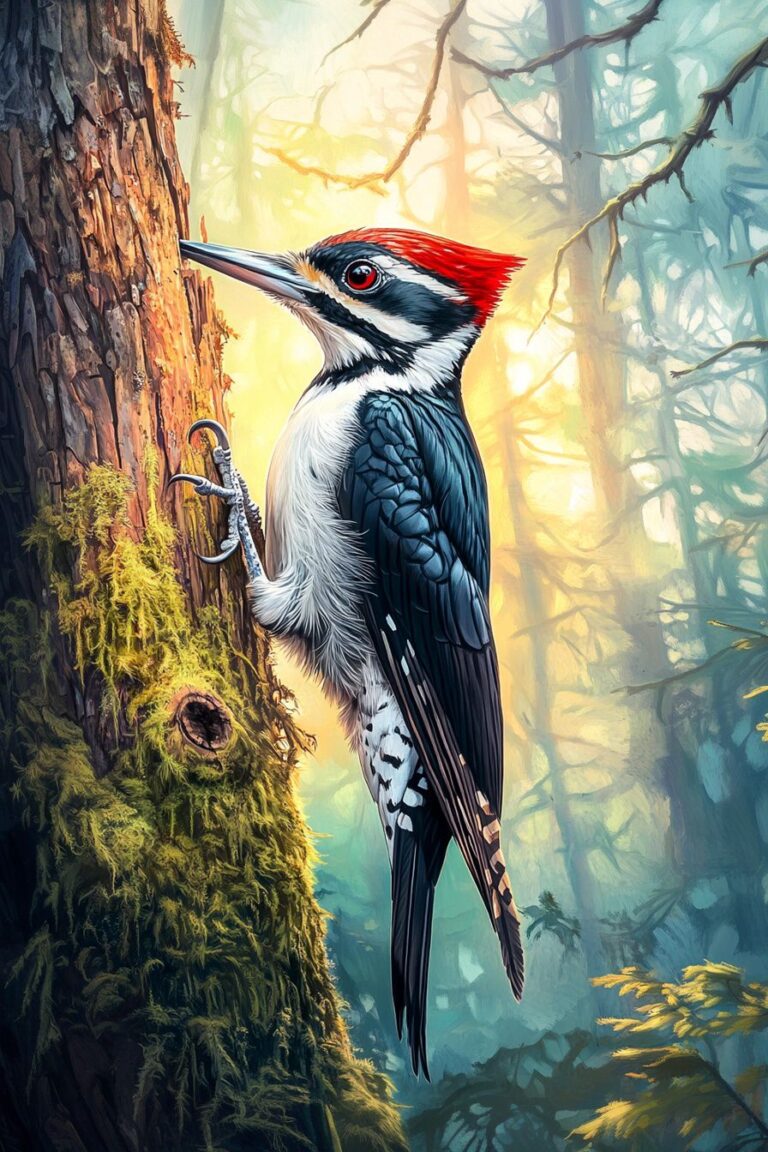 A vibrant woodpecker with a red crest and black-and-white patterned feathers clings to a mossy tree trunk with sharp claws, its long beak poised near a small hole as golden sunlight filters through a misty forest.