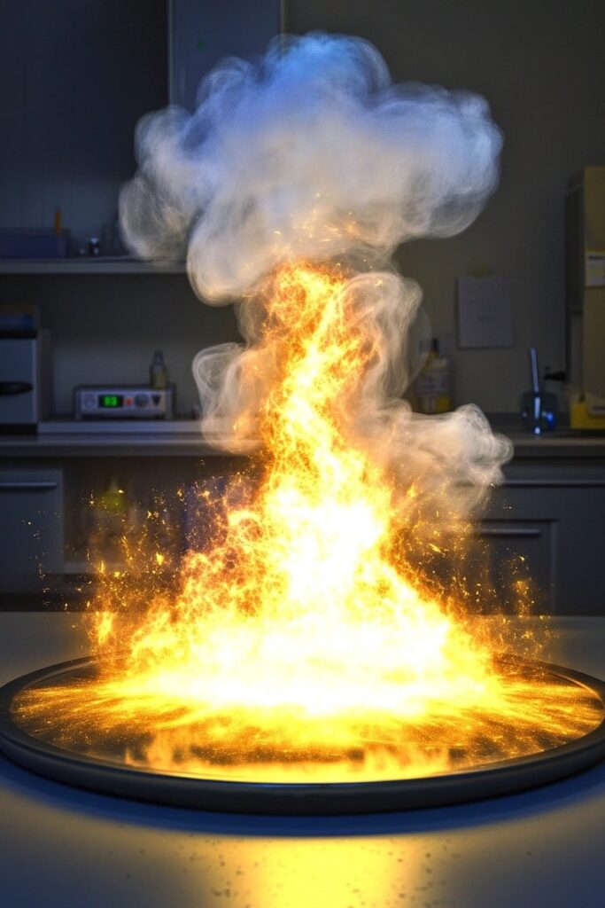 Bright yellow-orange flames and sparks erupt from a shallow dish on a laboratory bench, sending a billowing white smoke plume upward. The dramatic combustion scene illustrates a vigorous reaction between phosphorus and oxygen.