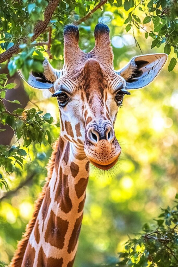 Close-up portrait of a giraffe's head and neck framed by leafy branches, showing its patterned coat, ossicones, long eyelashes, and whiskered muzzle against a softly blurred green background.