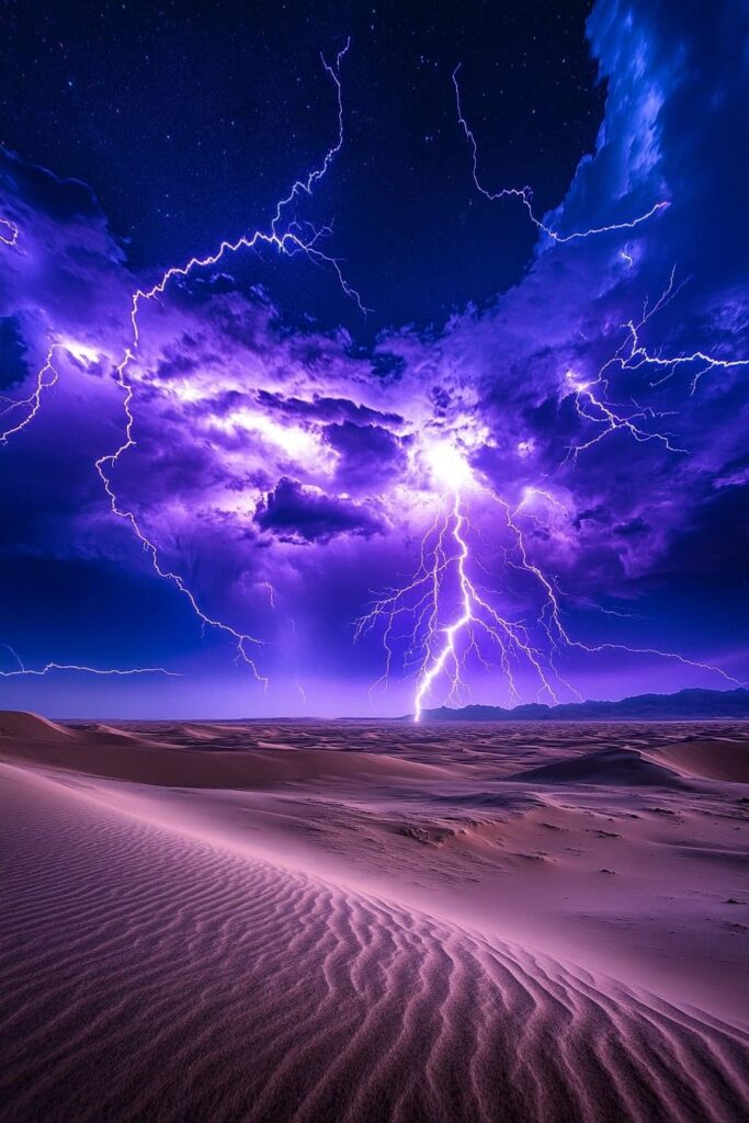 A vast desert of rippled sand dunes fills the foreground. A dramatic purple thunderstorm churns above with multiple branching lightning bolts striking the distant horizon beneath turbulent clouds.