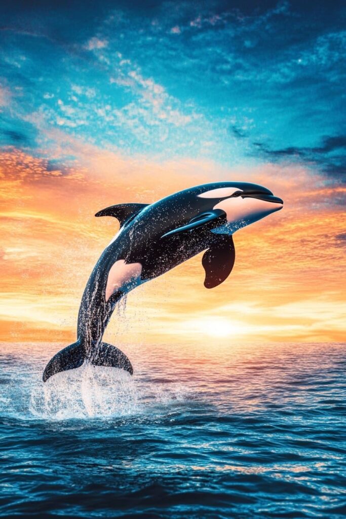 An orca breaches dramatically from the ocean with water spraying around its sleek black-and-white body against a vivid orange and turquoise sunset, conveying the animal’s power and grace.