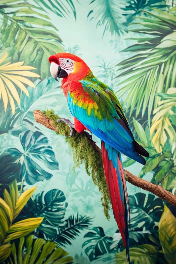 Bright red, blue, and green macaw perched on a moss-covered branch, showing its long tail feathers and patterned white face. Tropical leaf mural in soft focus forms a lush backdrop.