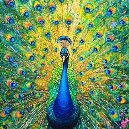 Vibrant painting of a peacock facing forward with iridescent blue and green plumage and a fully fanned tail showing many eye-like spots in blue, yellow, and green against a dappled leafy background.