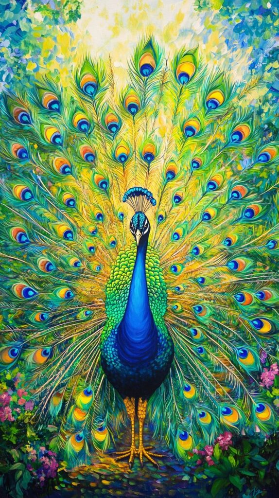 Vibrant painting of a peacock facing forward with iridescent blue and green plumage and a fully fanned tail showing many eye-like spots in blue, yellow, and green against a dappled leafy background.