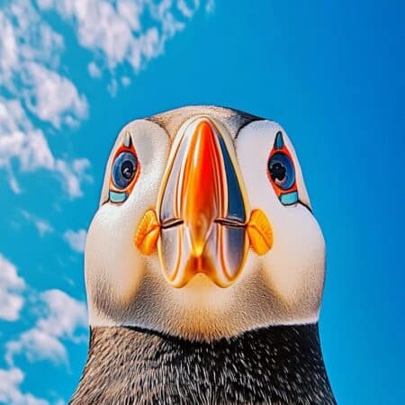 Close-up low-angle portrait of a puffin gazing into the camera, highlighting its bright orange-and-yellow beak, red-ringed eyes, white face and black neck feathers against a clear blue sky.