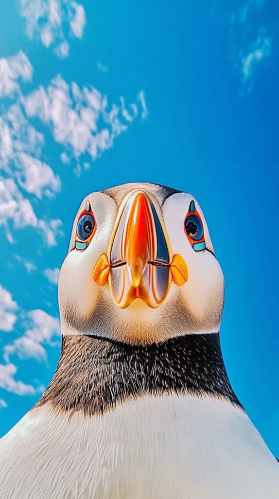 Close-up low-angle portrait of a puffin gazing into the camera, highlighting its bright orange-and-yellow beak, red-ringed eyes, white face and black neck feathers against a clear blue sky.