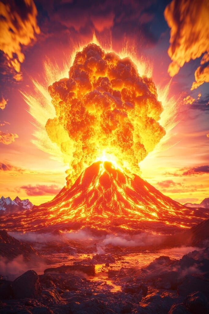 Dramatic volcano erupting with bright molten lava streaming down its flanks and a towering, glowing ash plume rising into an orange sky, while lava-scored rocky terrain and distant peaks fill the foreground.