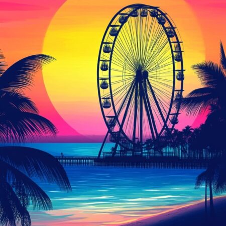 Vibrant, stylized sunset over a beach with a large Ferris wheel silhouetted on a pier; neon gradient sky in pink, orange, and purple reflects on calm turquoise water and is framed by palm trees.