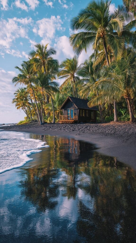 Black-sand beach lined with tall palm trees and a small wooden cabin set just inland, framed by a blue sky with scattered clouds. Gentle waves lap the shore, leaving dark, reflective wet sand that mirrors the palms and cabin.