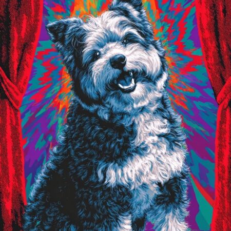 Playful fluffy dog with a tilted head and open-mouth smile sits centered against a vibrant, psychedelic starburst background and red stage curtains, suggesting a humorous, theatrical personality.
