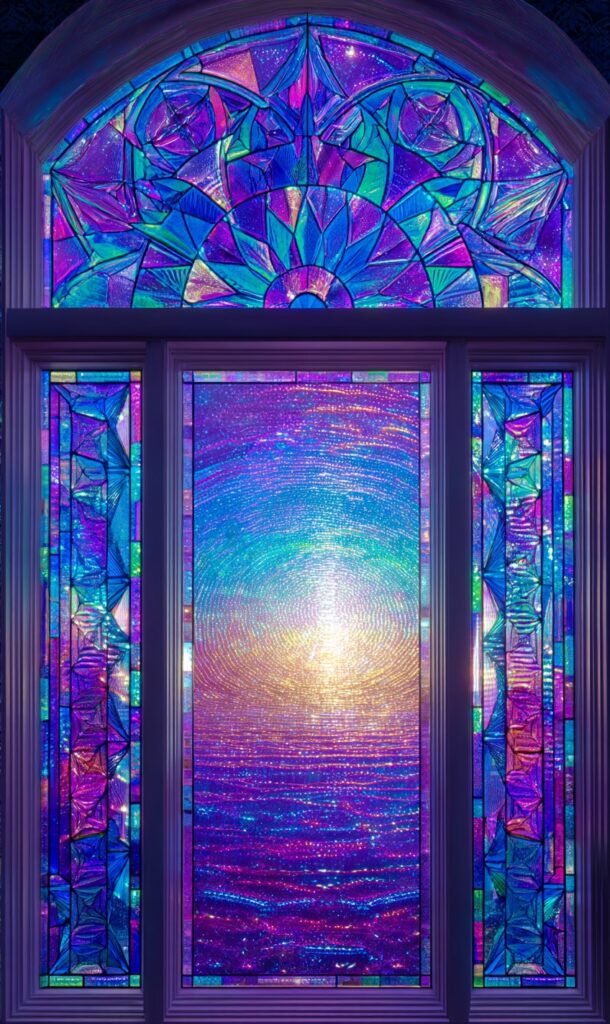 Arched stained-glass window in iridescent purples, blues and pinks with a sunburst motif at the top and three vertical panels below. The central panel shows a radiant, rippling gradient like a glowing sea or sunrise, while the flanking panels display geometric, faceted patterns.
