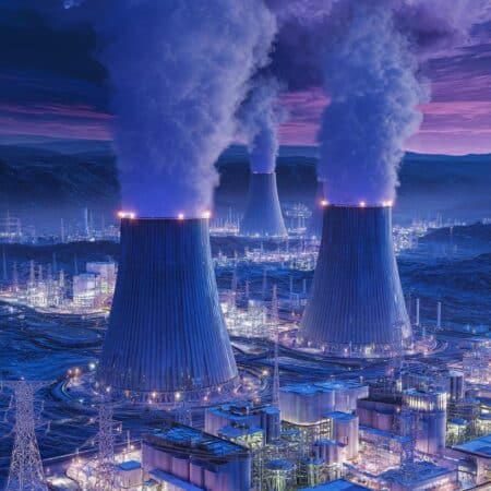 Three large cooling towers at a nuclear power plant release thick plumes of steam above a brightly lit industrial complex with transformers, transmission lines, and service buildings under a twilight sky.