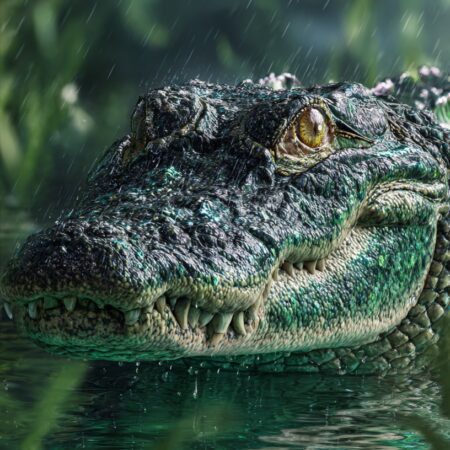 Close-up of an alligator's head at water level in a rain-soaked marsh, highlighting rough, wet scales, a yellow eye, and jagged teeth.