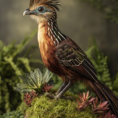 Hoatzin perched on a moss-covered rock surrounded by small succulents, displaying a spiky crest, blue facial skin, rufous and brown plumage with white streaks, and a long tail.