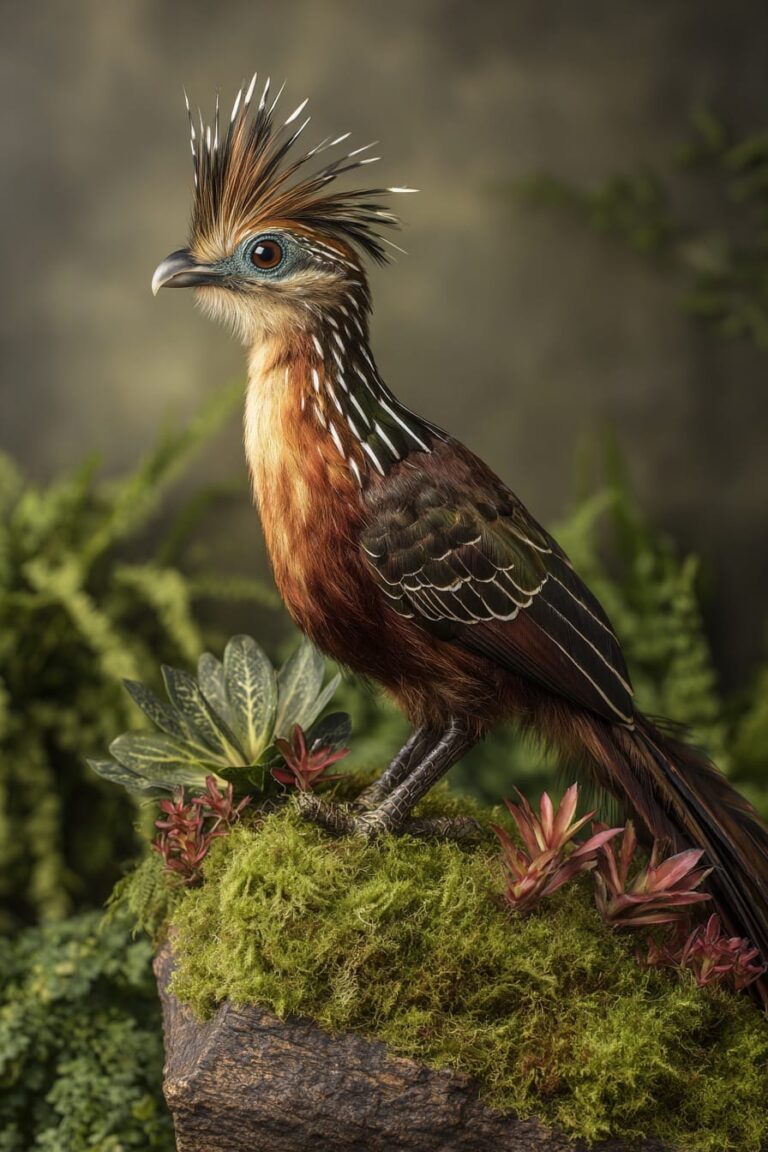 Hoatzin perched on a moss-covered rock surrounded by small succulents, displaying a spiky crest, blue facial skin, rufous and brown plumage with white streaks, and a long tail.