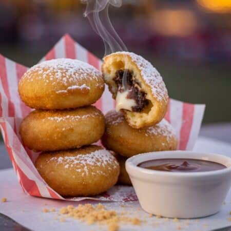 Stacked golden deep-fried Oreos dusted with powdered sugar sit in a red-and-white paper cone, one split open to reveal warm, slightly melted chocolate and cream with a wisp of steam. A small ceramic ramekin of glossy chocolate dipping sauce and scattered graham cracker crumbs sit beside them against a creamy bokeh fairground background.